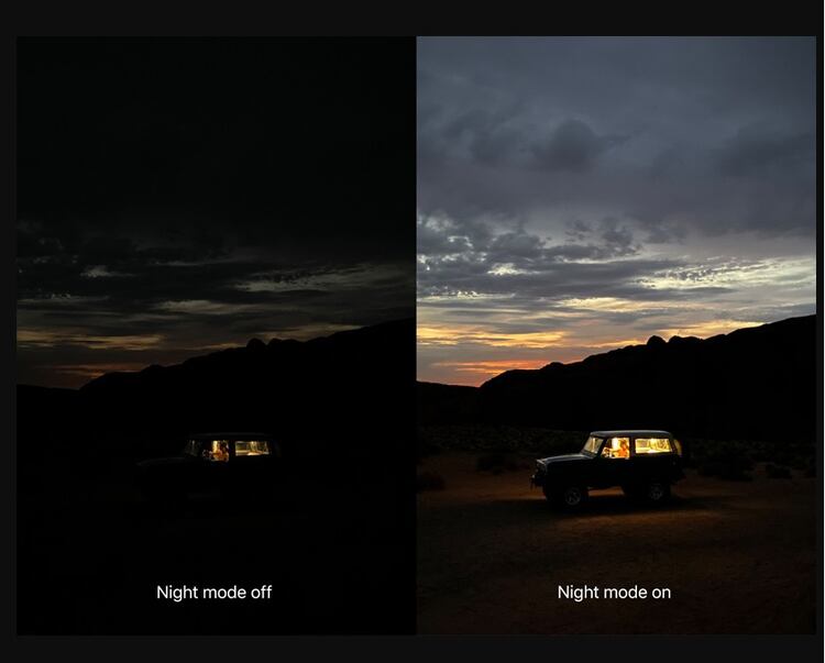 Comparativa de una misma foto sacada con y sin el modo nocturno activado (Apple).