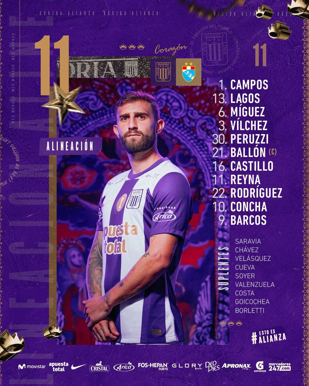 Confirmed lineup of Alianza Lima vs ADT for date 18 of the 2023 Clausura Tournament.