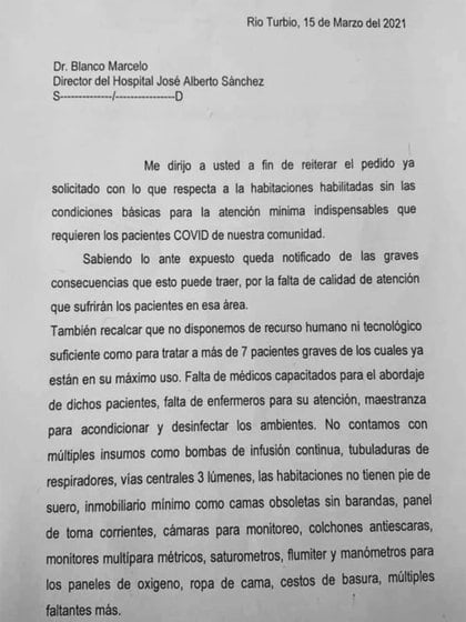 El pedido de los médicos del hospital de Río Turbio dirigido al director del centro médico