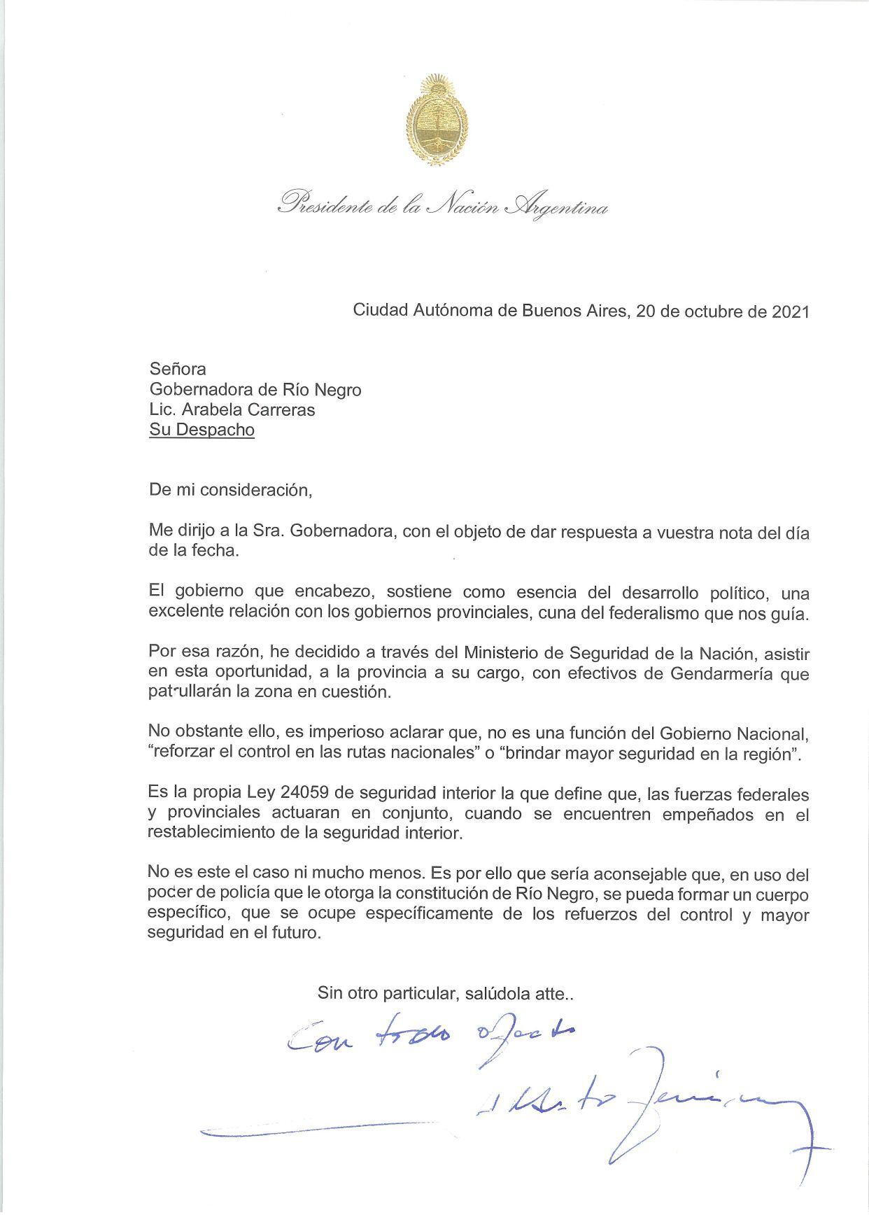 carta de Alberto Fernández a Arabela Carreras