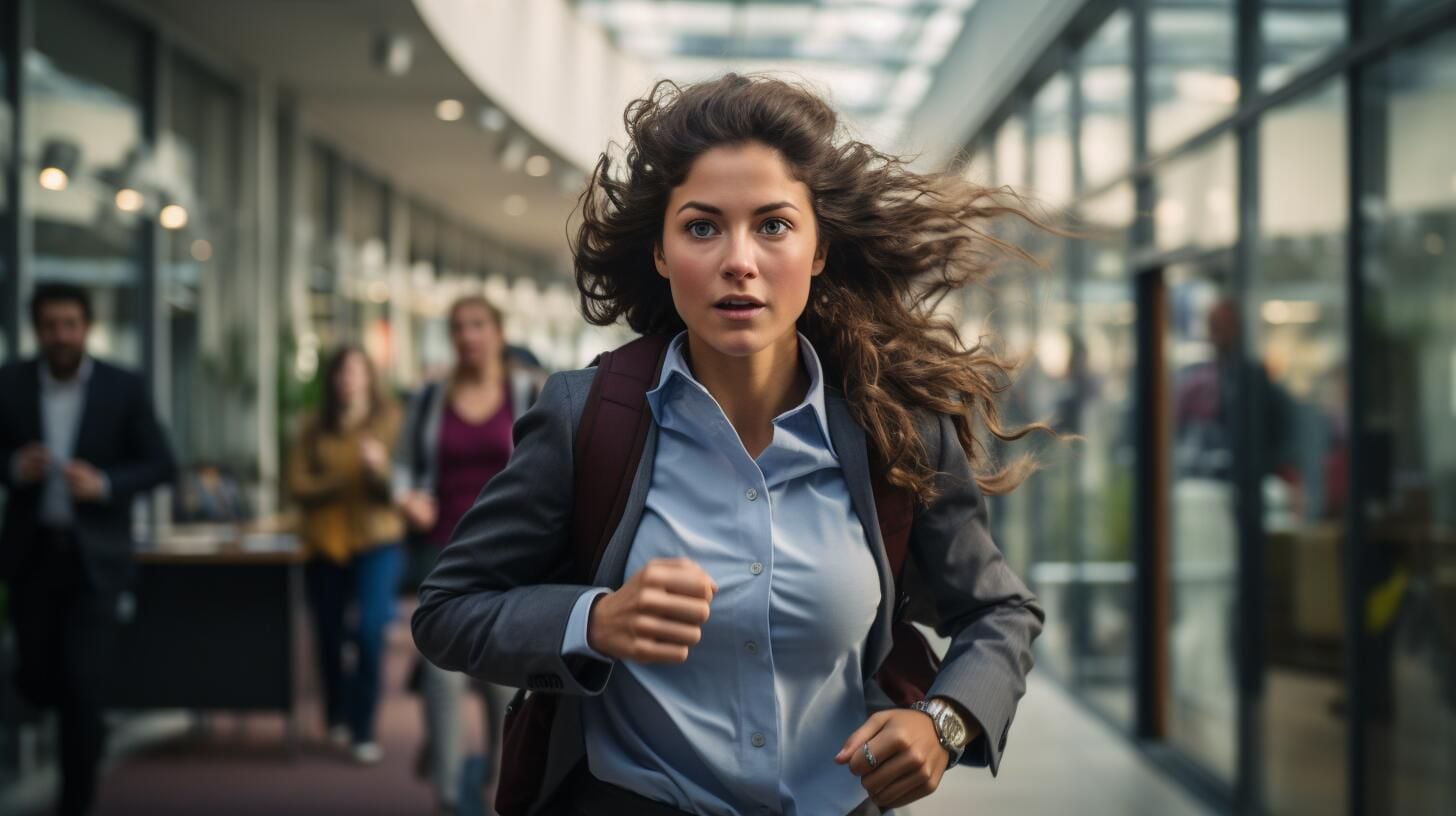Imagen simbólica de una mujer corriendo, evadiéndose del estrés laboral. Un gesto liberador que representa la búsqueda de equilibrio y bienestar mental. (Imagen ilustrativa Infobae)