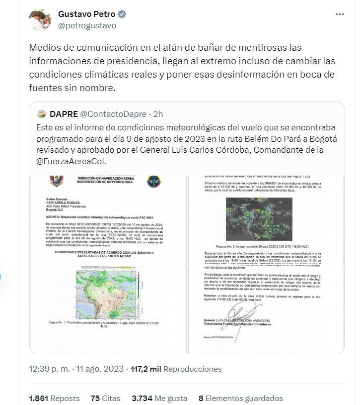 With this trill, the President of the Republic, Gustavo Petro, attacked the Colombian media for what he called "disinformation" regarding your return flight from the Amazon Summit.