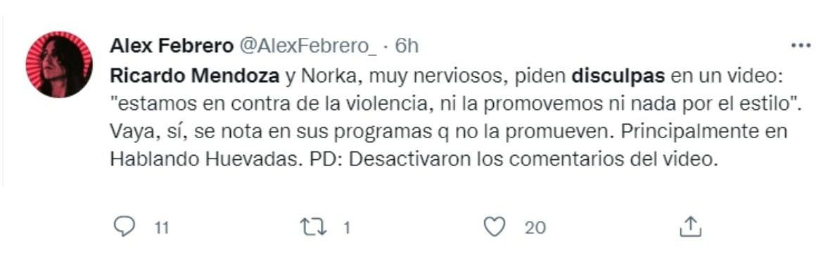 Usuarios rechazan disculpas públicas de Ricardo Mendoza y Norka Gaspar. (Foto: Twitter)