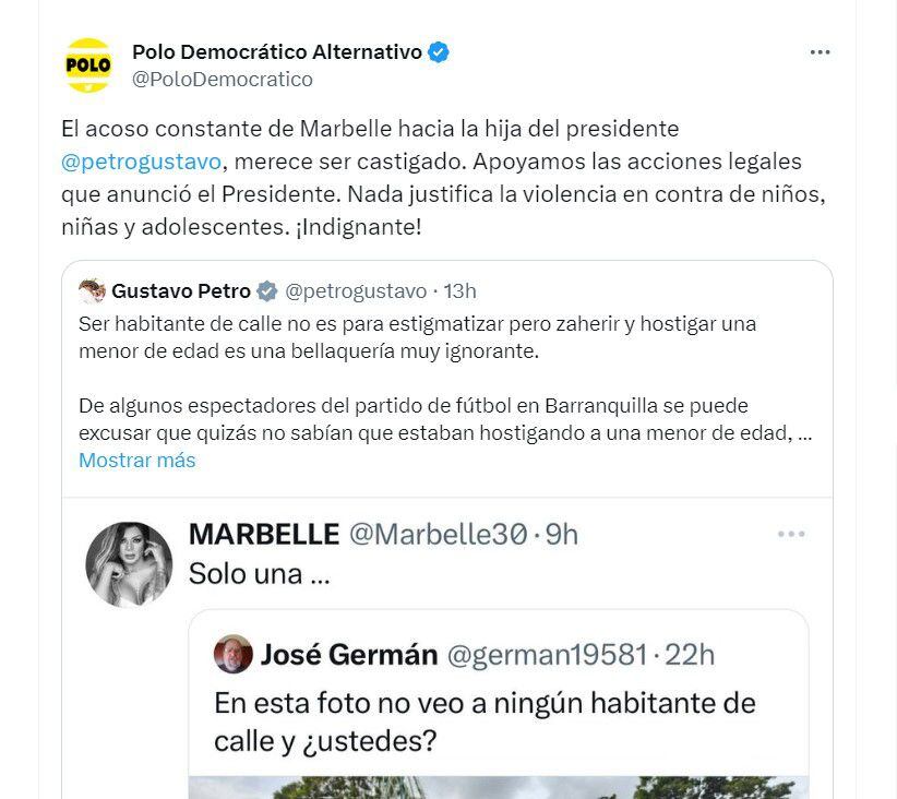 Polo Democrático salió en defensa del presidente en su discusión con la cantante Marbelle - crédito @PoloDemocratico