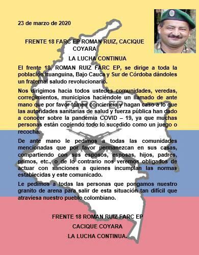 Panfleto Frente 18 de disidencias de FARC