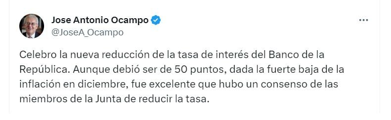 Publicación de José Antonio Ocampo, exministro de Hacienda, sobre la reducción de la tasa de interés del Banco de la República - crédito @JoseA_Ocampo/X