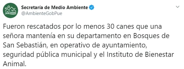 La Secretaría de Medio Ambiente de Puebla informó que varios perros fueron secuestrados y eran objeto de aparente maltrato por parte de una señora (Foto: Twitter/AmbienteGobPue)