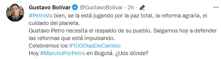 Senador Gustavo Bolívar convoca a marchas en favor del gobierno de Gustavo Petro. Tomado de Twitter.