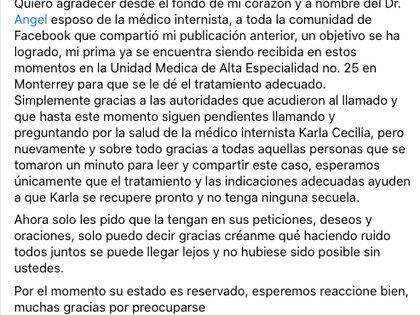 Karla fue posteriormente trasladada a la Unidad Médica de Alta Especialidad No. 25 del IMSS, en Monterrey, Nuevo León Foto: (Captura de pantalla Facebook)