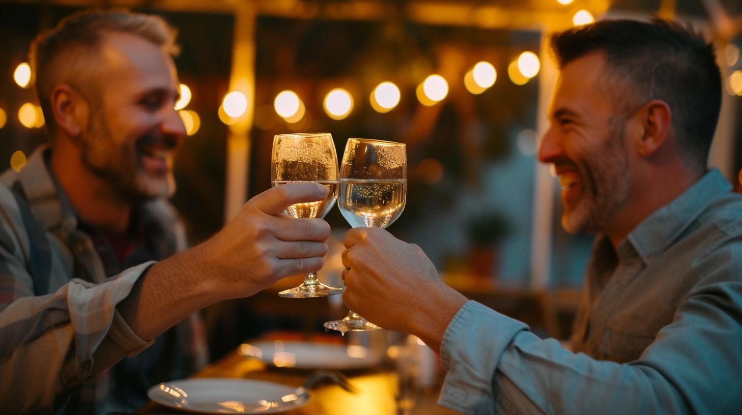 Dos hombres, pareja en una relación amorosa, comparten un momento romántico brindando con copas de vino en un bar, evidenciando el amor y la conexión entre ellos. La escena, celebrando San Valentín, enfatiza la diversidad y la inclusión en el amor y las relaciones. (Imagen ilustrativa Infobae)
