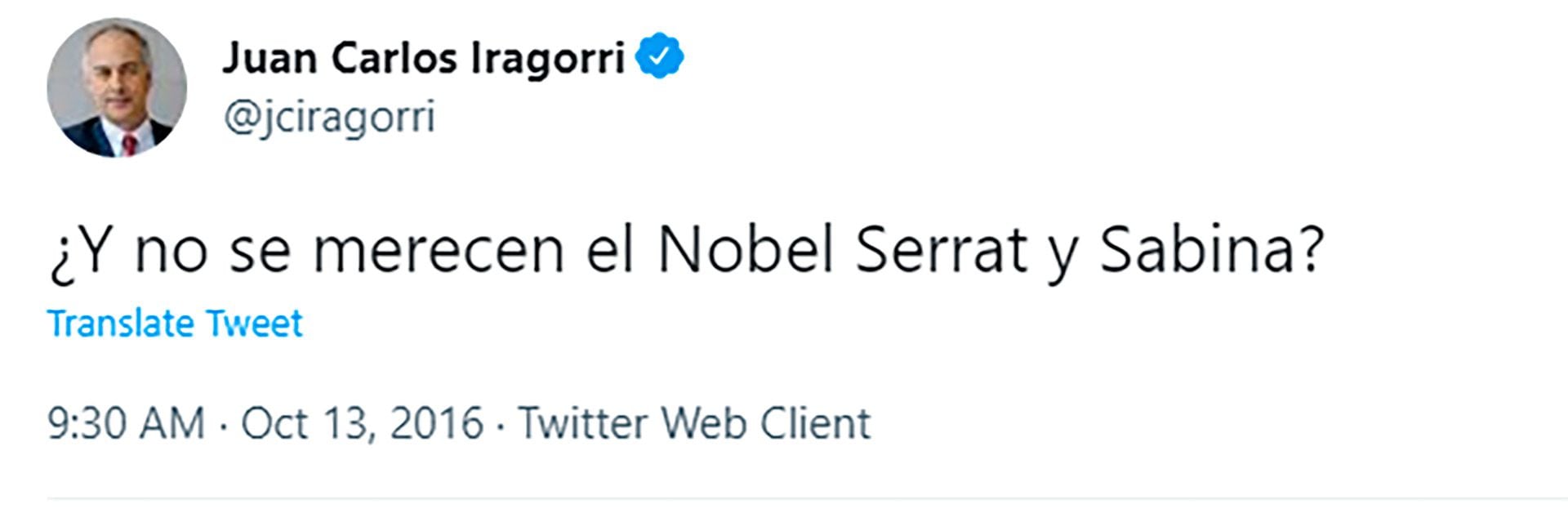 Un tuit que propone la candidatura al Nobel de Literatura de los españoles Serrat y Sabina, luego de que Bob Dylan obtuviera ese premio
