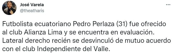 Información sobre acercamiento de Pedro Perlaza a Alianza Lima.