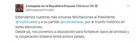 El mensaje de la Embajada de China en El Salvador a Nayib Bukele.