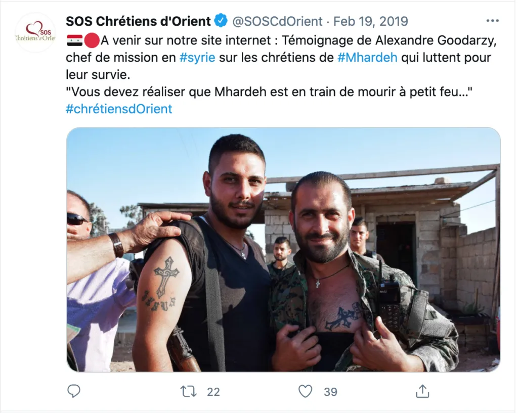Combatientes fundamentalistas cristianos de SOS Chretiens d’Orient  que se sumaron a los grupos que apoyan al régimen de Bashar al Assad. (Twitter)