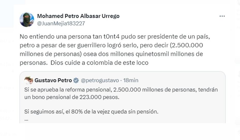 Petro señaló una cifra elevada sobre los colombianos que iban a recibir un bono pensional, que supera la cifra de habitantes en Colombia - crédito @JuanMejia183227/X