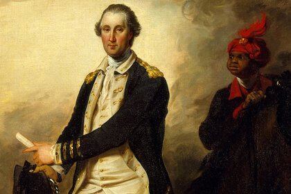 George y Martha Washington tuvieron más de 300 esclavos. En el retrato se lo ve con William Lee, quien fue su valet y resultó herido en combate. (John Trumbull/The Metropolitan Museum of Art)