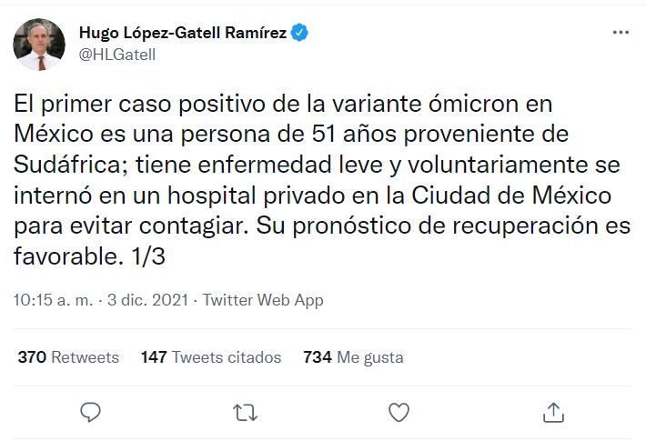 El subsecretario de Prevención de la Salud, Hugo López-Gatell confirmó la llegada del primer caso en México, de la variante de COVID-19, Ómicron. (Imagen: Twitter/ @HLGatell)