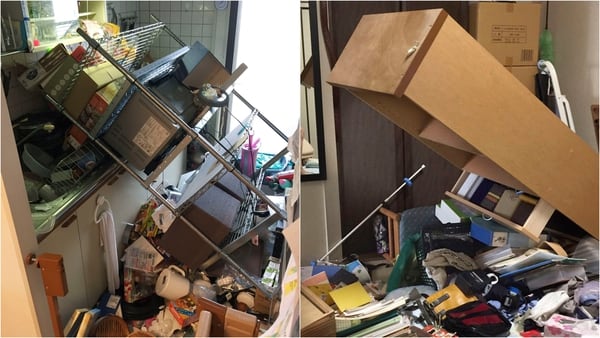Desorden en una casa de Suita, Osaka, tras el sismo (Kyodo News via AP)
