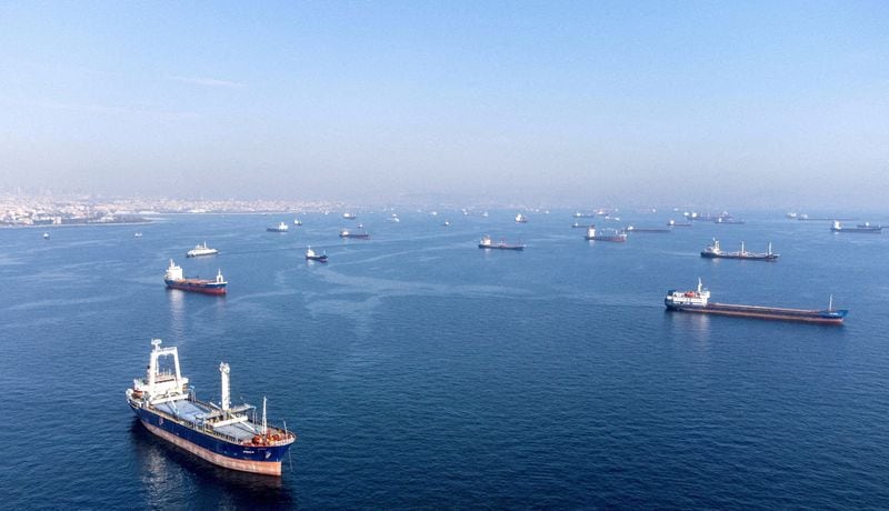 Buques comerciales, incluidos buques que forman parte del acuerdo sobre el grano del Mar Negro, esperan para pasar el estrecho del Bósforo cerca de las costas de Yenikapi en Estambul, Turquía (REUTERS/Umit Bektas)