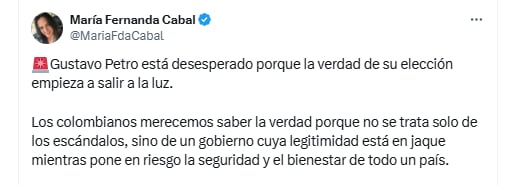 La senadora aseguró que los colombianos merecen saber la verdad sobre los ingresos a la campaña de Gustavo Petro - crédito @MariaFdaCabal7X