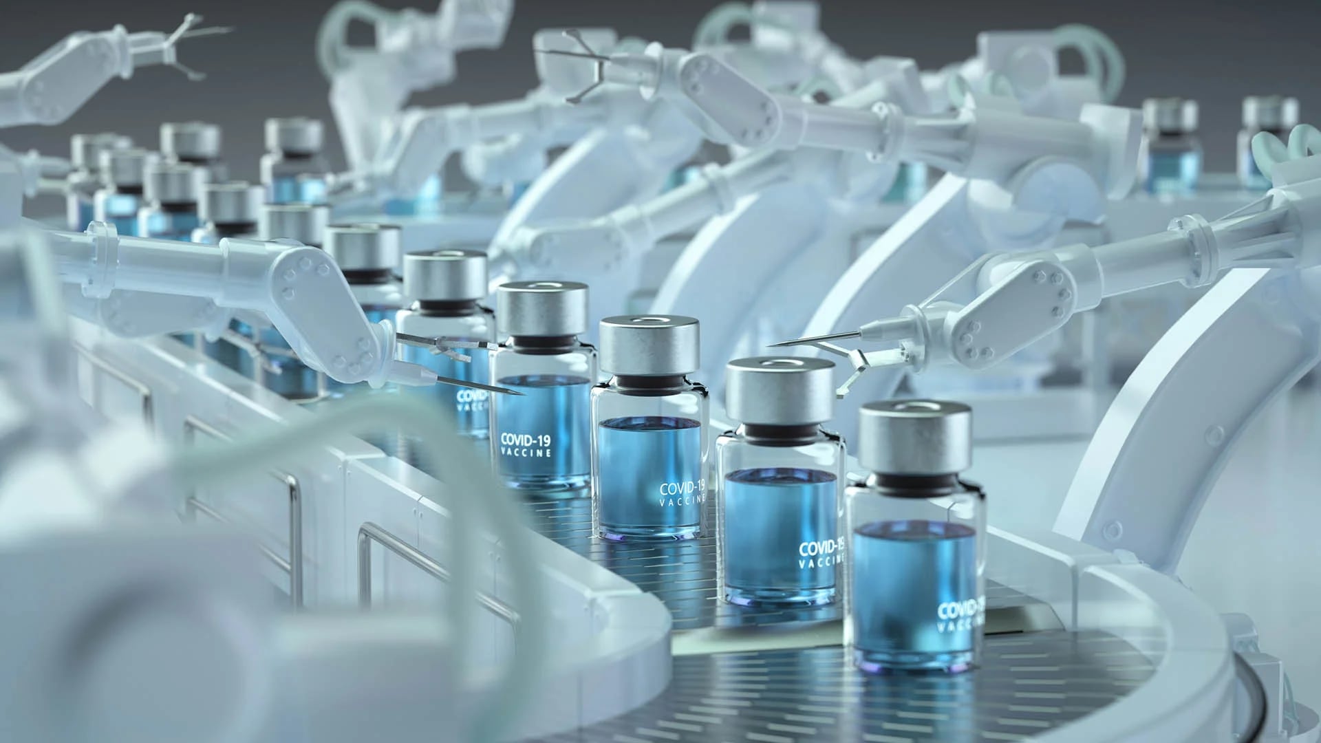 Digitally generated image of COVID-19 vaccine vials on a robotic production line.