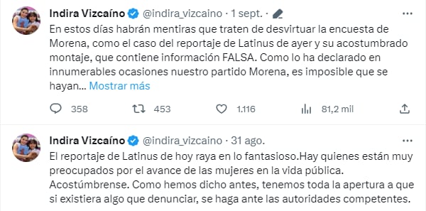 Indira Vizcaino tacha de falsa la investigación presenta por Latinus donde señalan que funcionaros de Colima apoyaron a Claudia Sheinbaum para ganar la encuestas en zonas electorales (Captura de Pantalla)