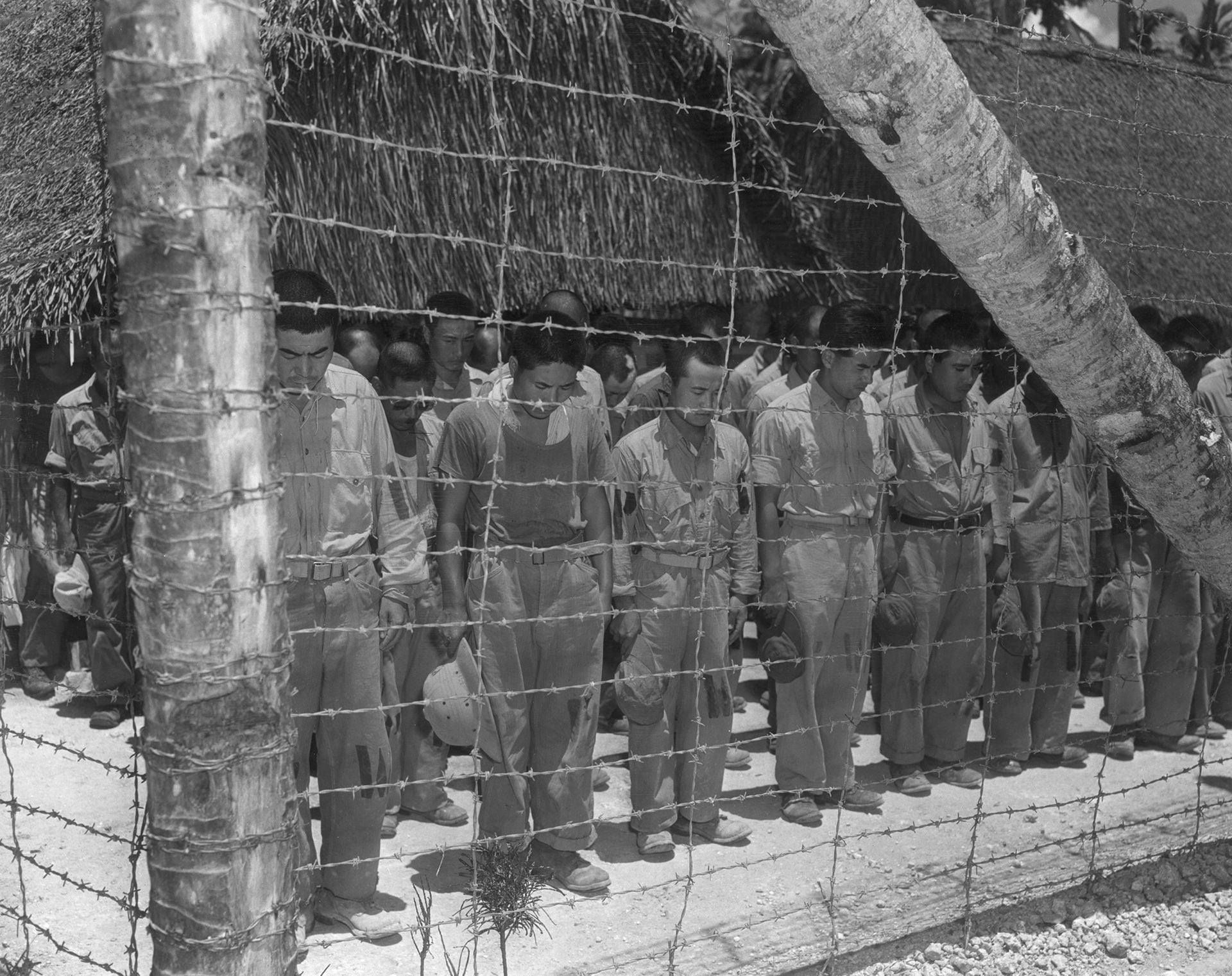 15 de agosto de 1945: imagen de cuerpo entero de prisioneros de guerra japoneses de pie en filas con la cabeza inclinada detrás de una cerca de alambre de púas en un campo de internamiento aliado durante la Segunda Guerra Mundial. Acababan de escuchar al emperador japonés Hirohito anunciar la rendición incondicional de Japón (US Navy/Getty Images)