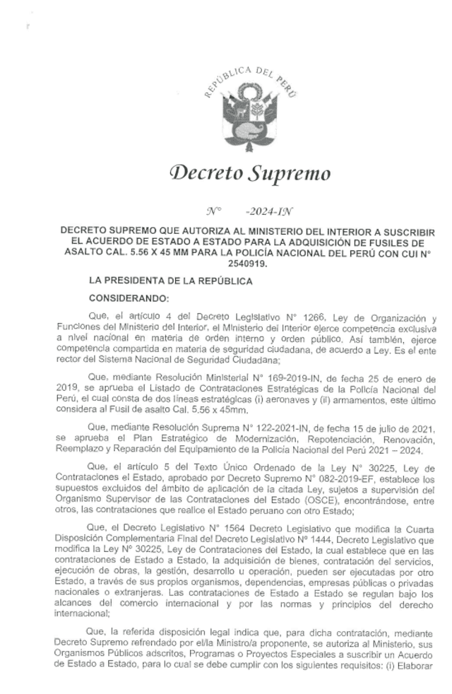Decreto Supremo acredita la compra de fusiles de baja categoría adquiridos por millones de dólares. La República.