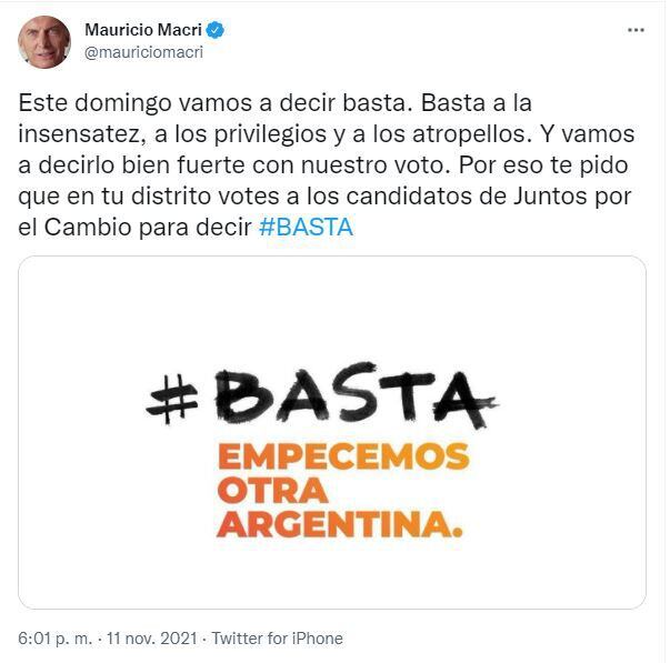 Tuit de Mauricio Macri antes de que se inicie la veda electoral