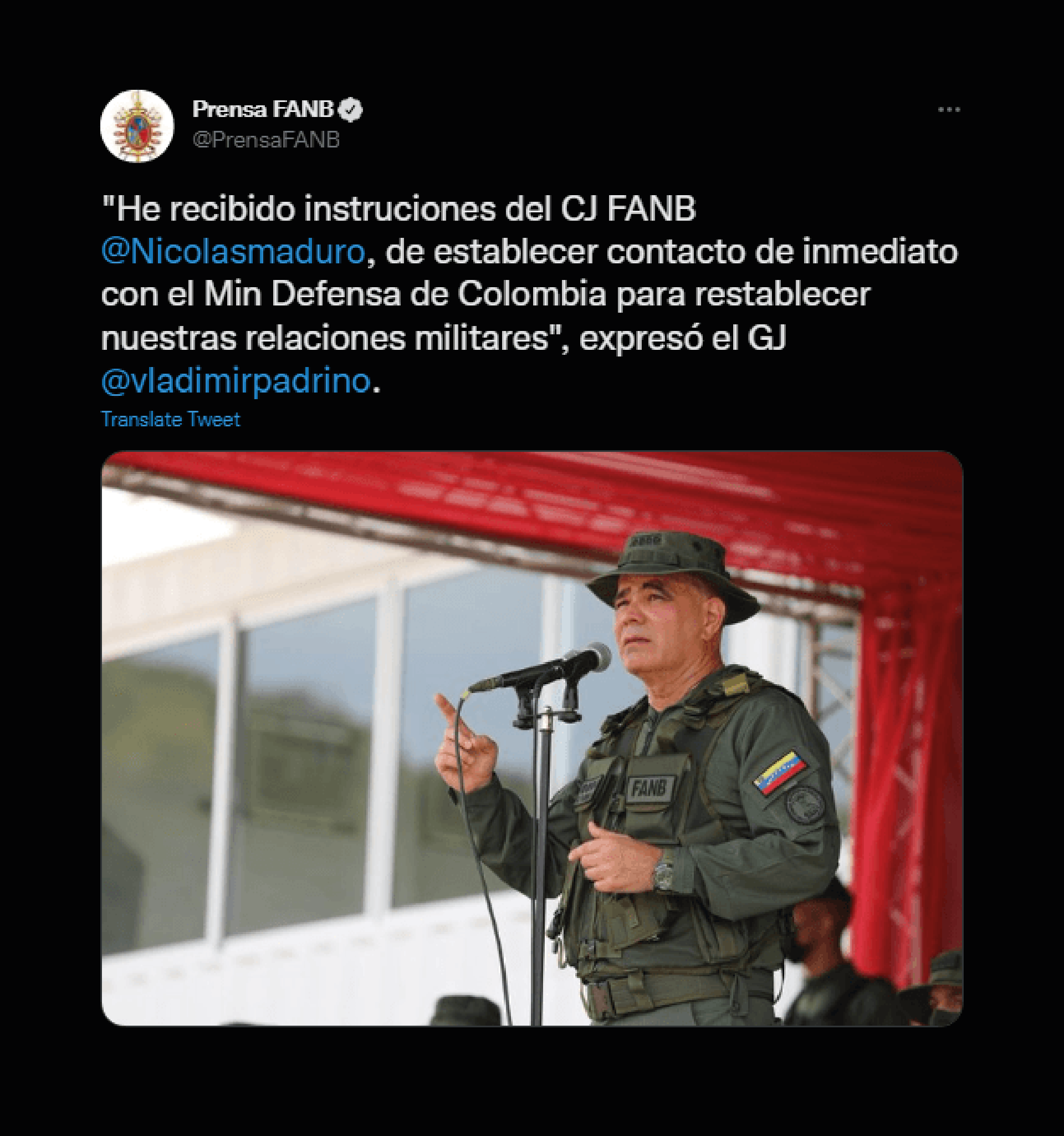 Tuit de la Fuerza Armada venezolana sobre el restablecimiento de las relaciones militares con Colombia. @PrensaFANB