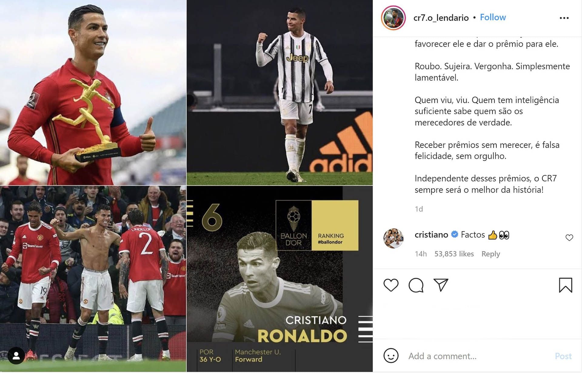 RONALDO COMENTA UNA PUBLICACIÓN EN INSTAGRAM