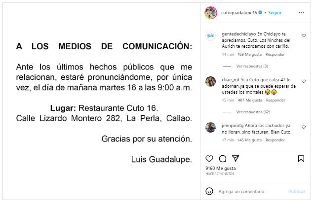 Pronunciamiento del Cuto Guadalupe. | Instagram