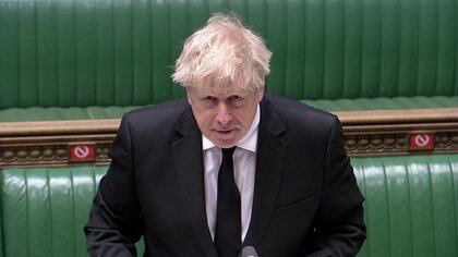 Britain's Prime Minister Boris Johnson speaks during the weekly question time debate in Parliament, amid the coronavirus disease (COVID-19) pandemic, in London, Britain, April 14, 2021, in this screen grab taken from video. Reuters TV via REUTERS