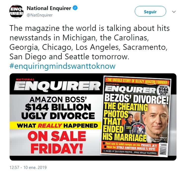 El National Enquirer difundió su investigación en las redes sociales