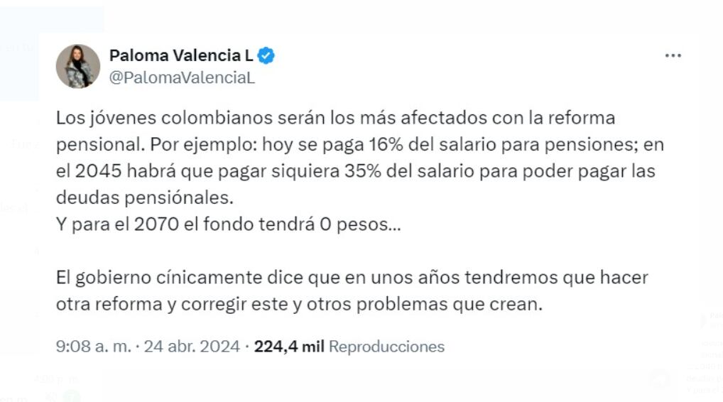 La senadora Paloma Valencia señaló con la reforma pensional impulsada por el Gobierno, los jóvenes no llegarían a la pensión - crédito @PalomaValenciaL/X