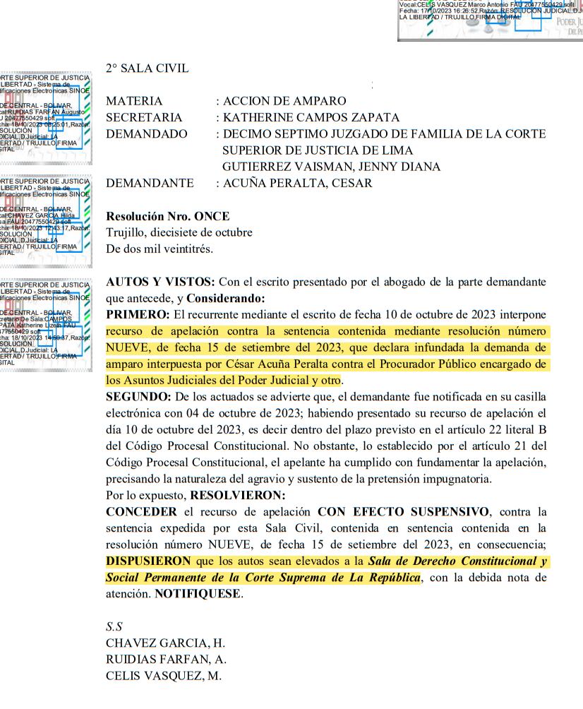 Resolución de la Segunda Sala Civil de Trujillo que eleva el amparo de César Acuña a la Corte Suprema