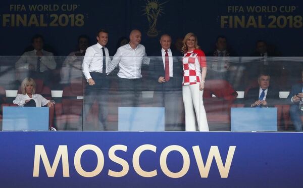 Soccer Football – World Cup – Final – France v Croatia – Luzhniki Stadium, Moscow, Russia – July 15, 2018 President of France Emmanuel Macron, FIFA president Gianni Infantino, President of Russia Vladimir Putin and President of Croatia Kolinda Grabar-Kitarovic before the match REUTERS/Damir Sagolj