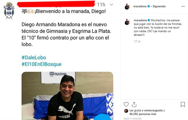 El posteo de Maradona en su Instagram