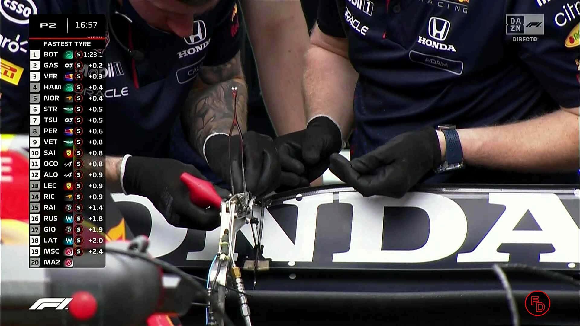 Red Bull engineers repairing Sergio Checo Pérez's rear wing at the Qatar GP (Photo: F1TV)