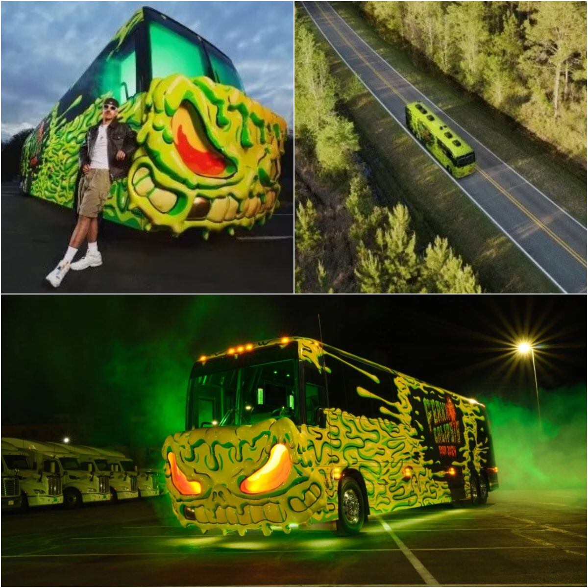 Imágenes del autobús de Feid en un montaje de Infobae Colombia
