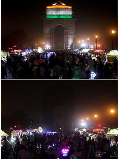 el monumento a la guerra de la Puerta de la India antes (arriba) y después de que se apagaran las luces en Nueva Delhi, India