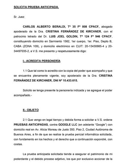 El escrito que presentó Carlos Beraldi, abogado de Cristina Kirchner
