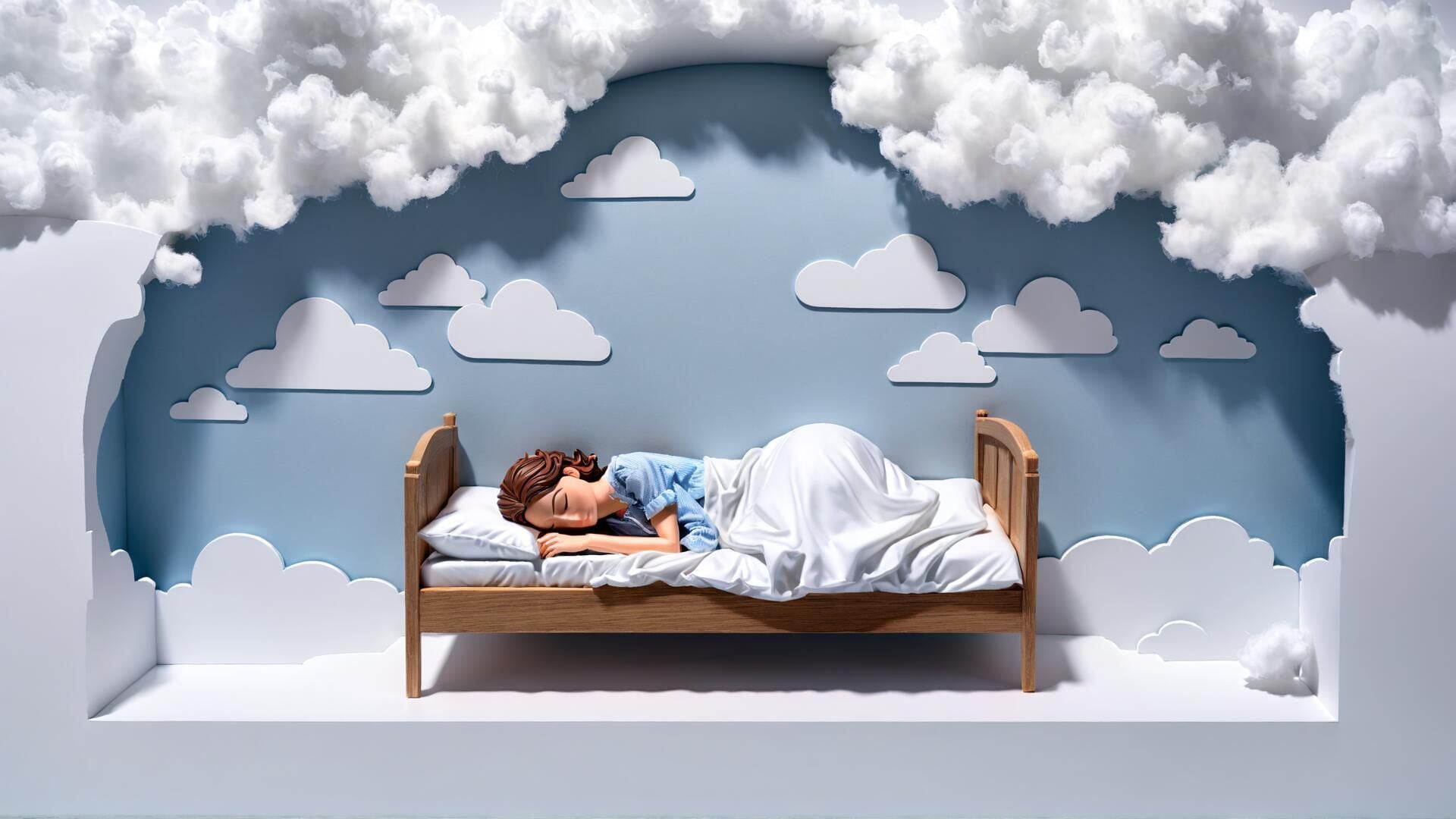 Captura relajante: mujer durmiendo rodeada de nubes, representación visual de paz y sueños. Instantes de descanso que fomentan el bienestar y la salud. (Imagen Ilustrativa Infobae)