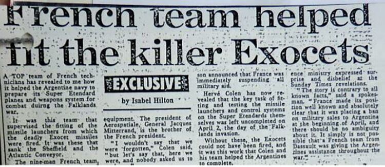 “Equipo francés ayudó a ajustar los Exocet asesinos”, Informe publicado por “The Sunday Times” el 25 de julio de 1982, que provocó la furia de los franceses