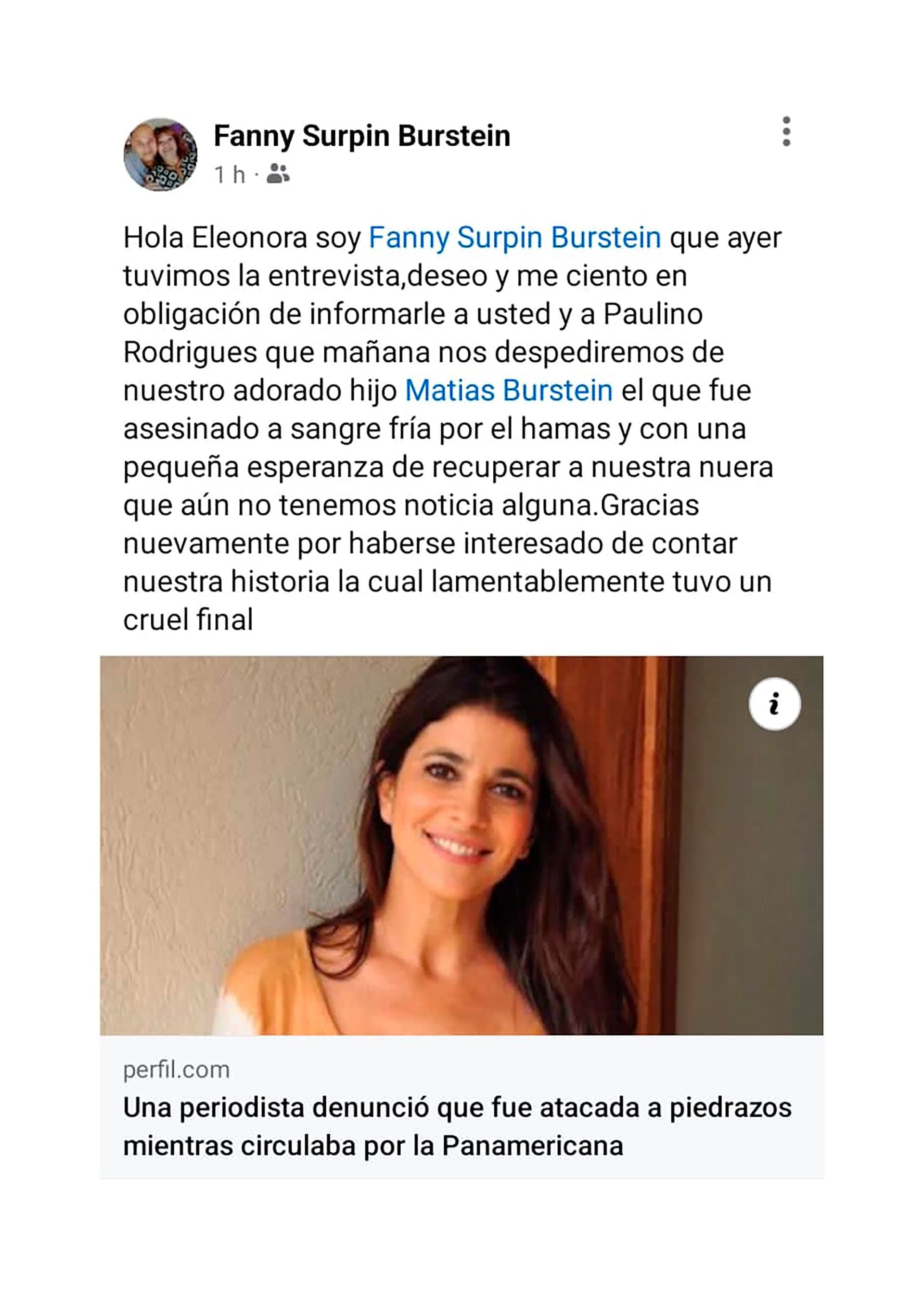 La publicación de Fanny Burstein, la madre de la víctima