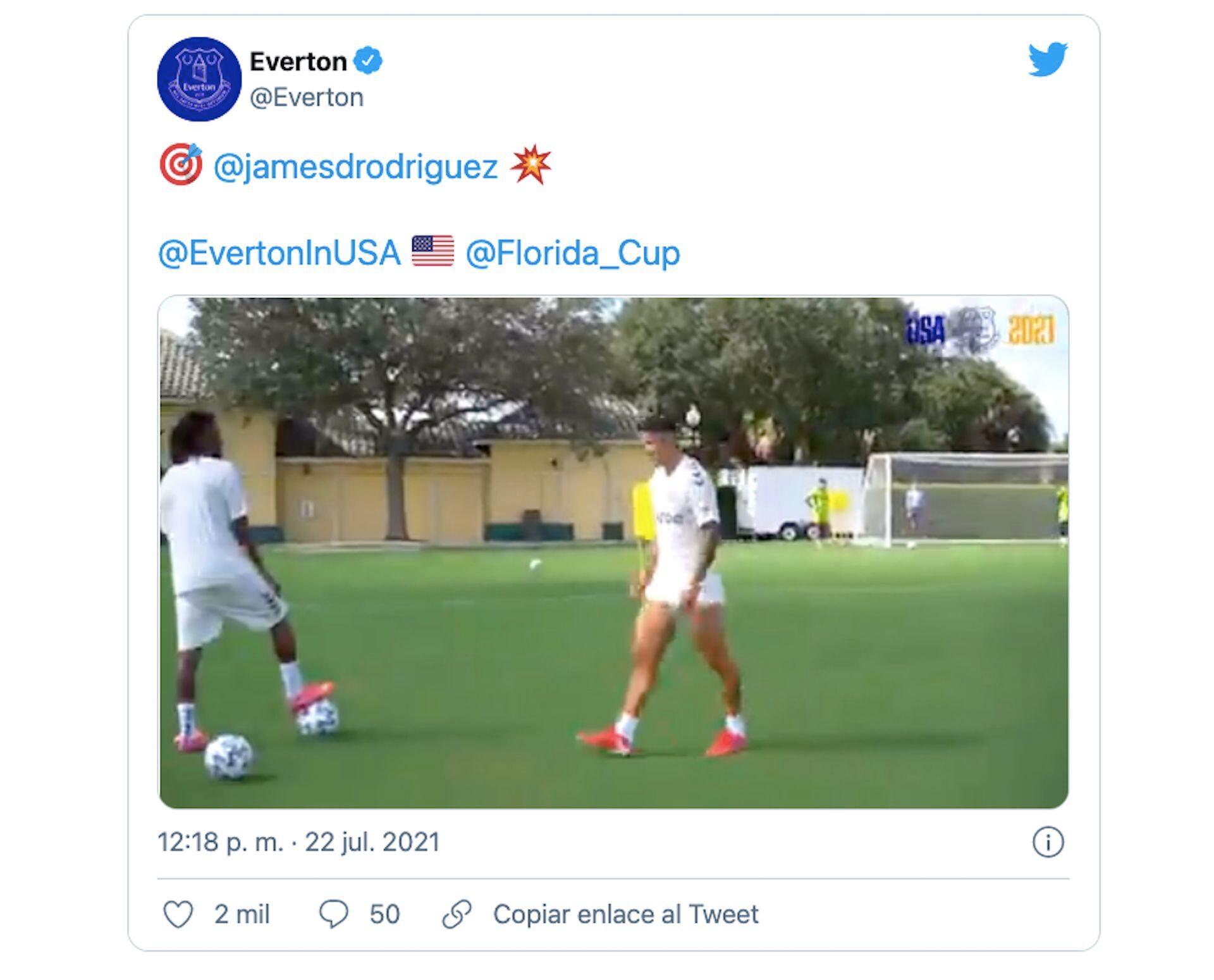 En su cuenta de Twitter, Everton FC destacó el golazo de pretemporada en un entrenamiento de James Rodríguez este 22 de julio previo al arranque de la Florida Cup 2021 contra Millonarios FC de Colombia / (Twitter: @Everton).
