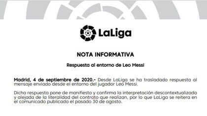 El texto que emitió La Liga para responder la carta de Jorge Messi