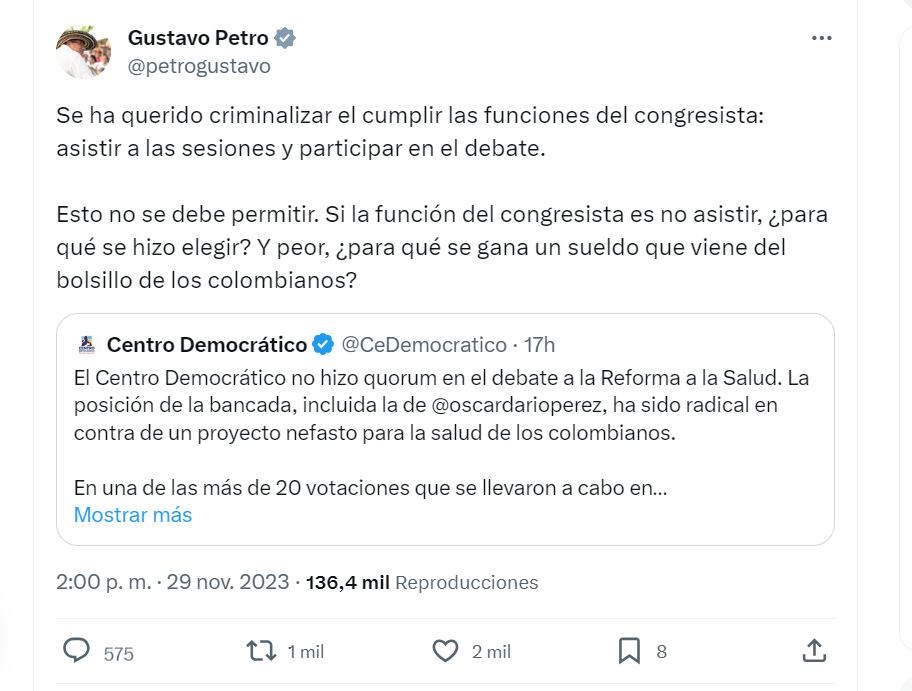 Gustavo Petro y su mensaje sobre las críticas a congresistas que hicieron cúorum en la Cámara