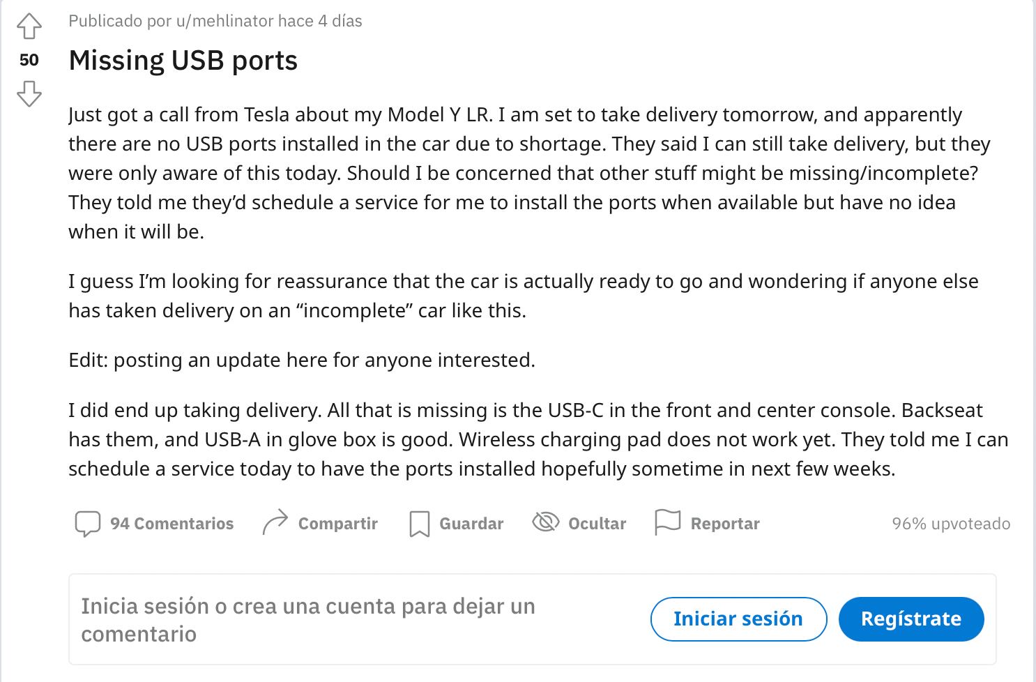Reddit user explains the lack of USB-C ports on Tesla.  (screenshot: Reddit)