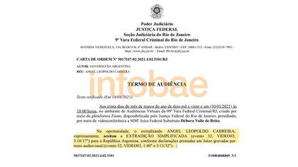 Documento: la constancia de aceptación de Cabrera para su extradición en la Justicia brasileña.